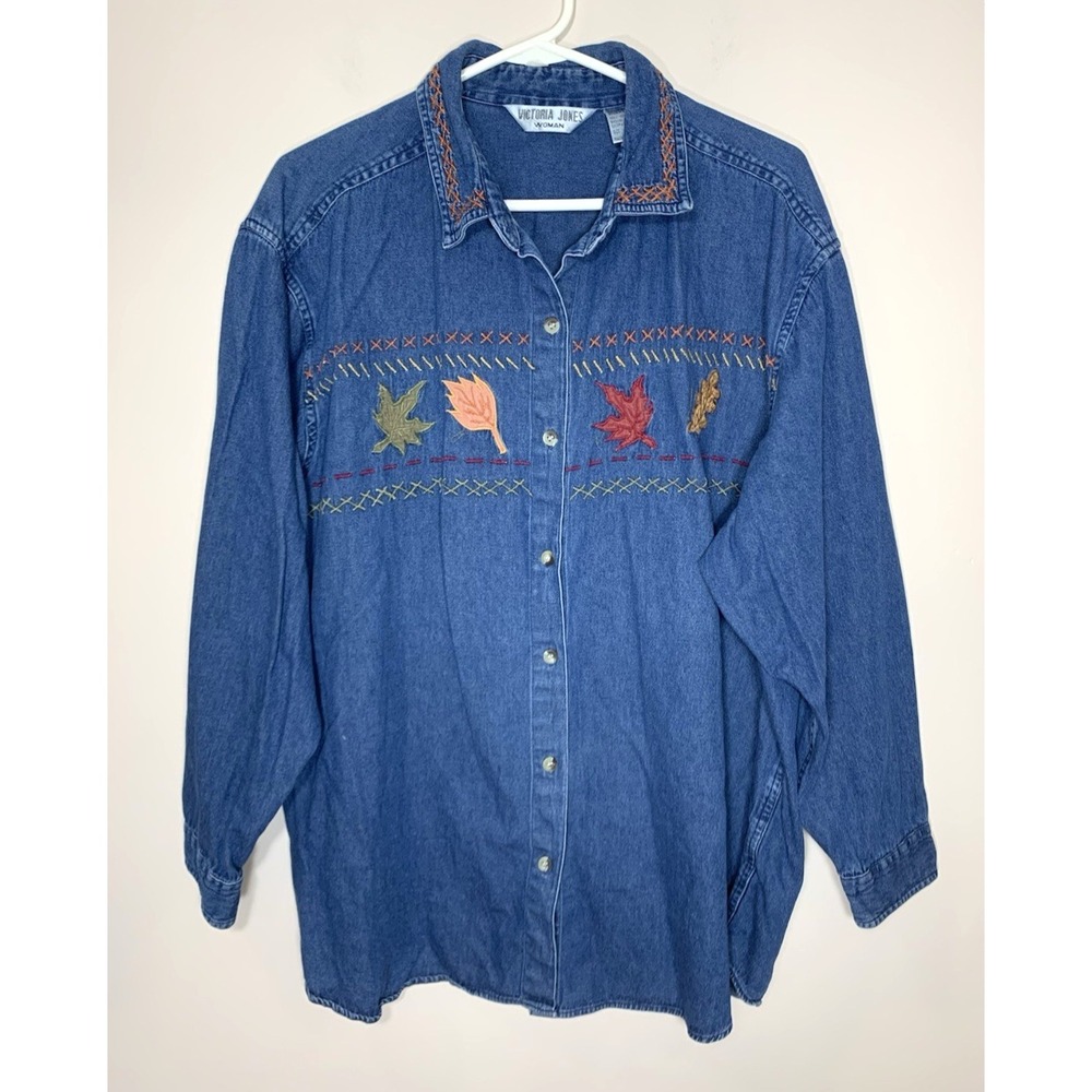 Victoria Jones Woman Denim Shirt Womens 2X Fall Leaves Embroidered Applique VNTG